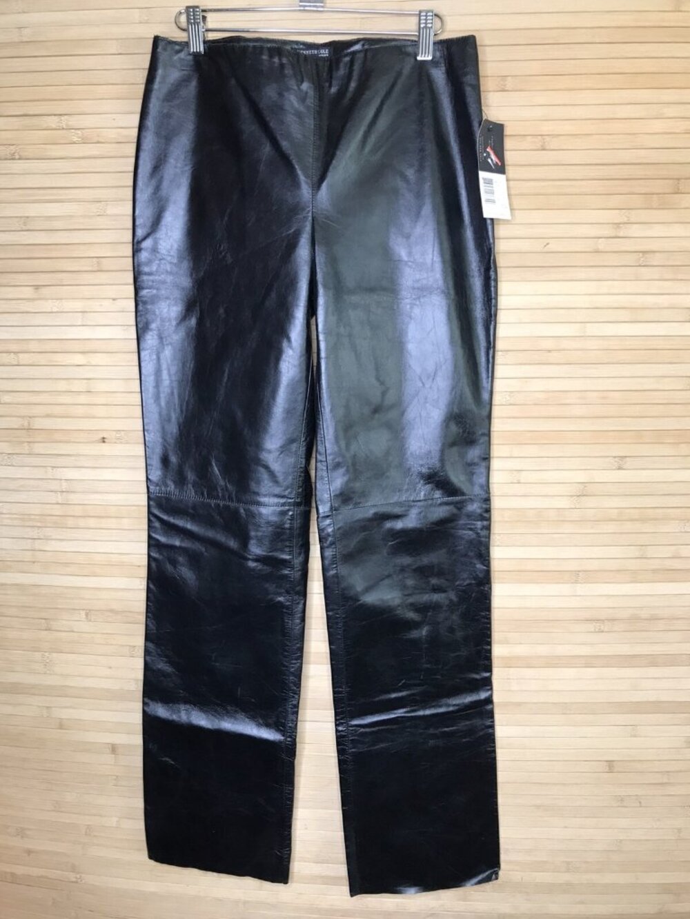 $198 Kenneth Cole Black  Leather Pants lined side zip motorcycle straight leg 6